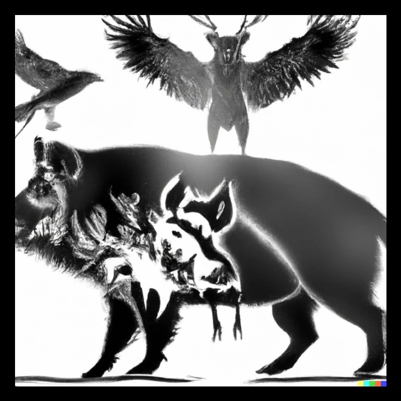 Sanglier avec un cerf et un aigle