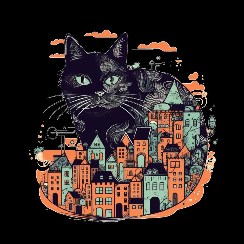 Schwarze Katze die vor einer bunten Stadt sitzt