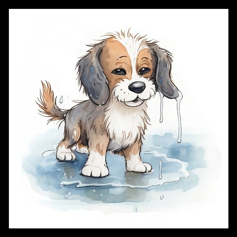 Chien heureux jouant dans une flaque d’eau de pluie