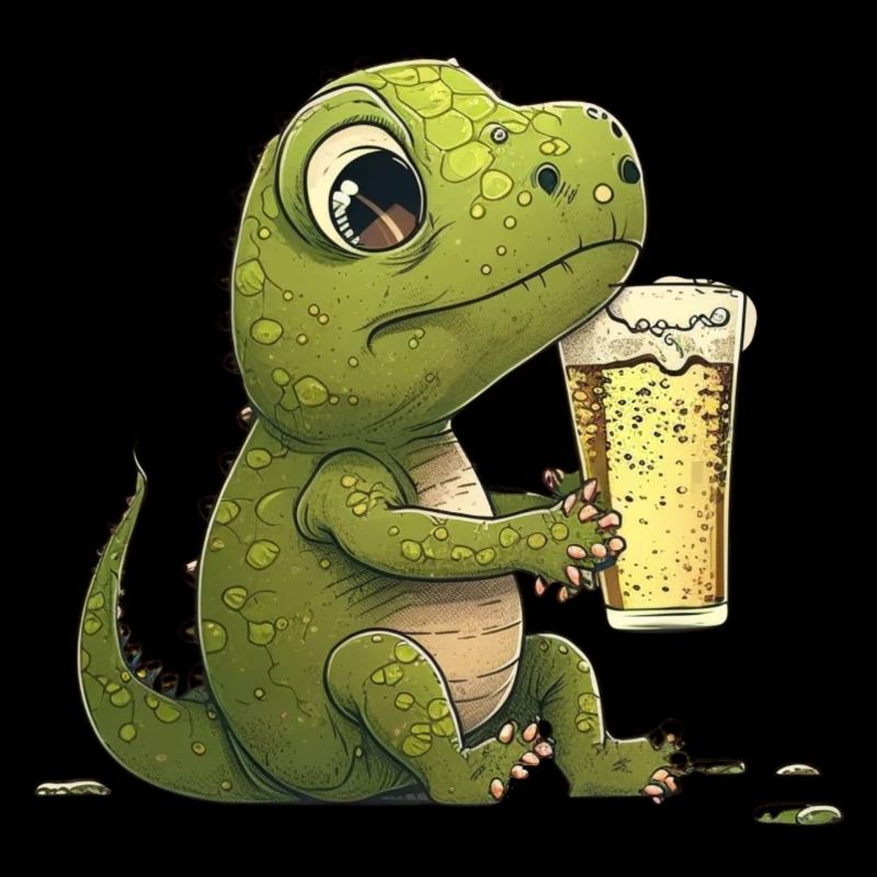 Mignon petit bébé dino avec de la bière