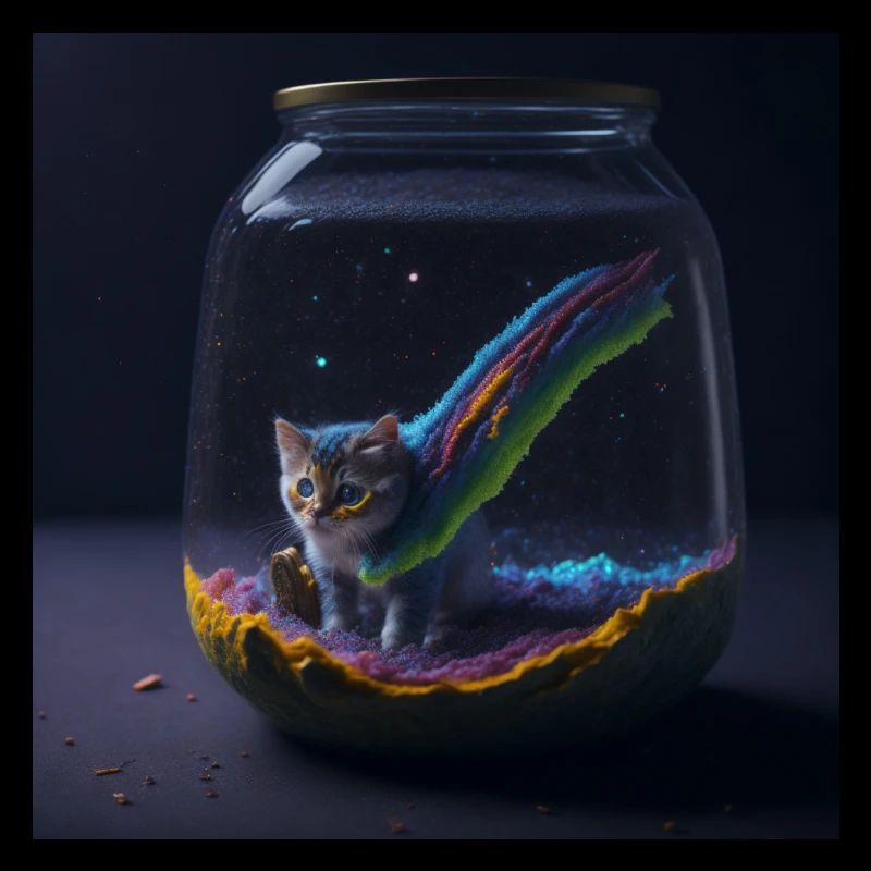Cat in a jar with rainbow cape