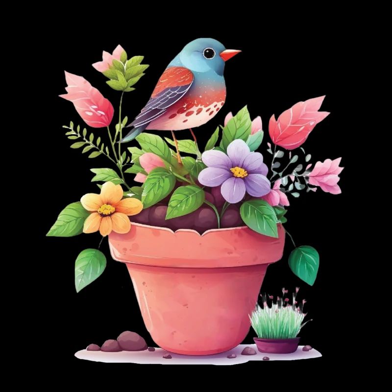 Pot de fleurs et oiseau