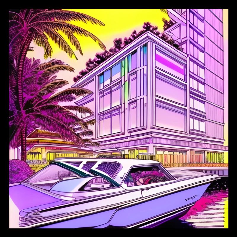 Bateau devant un immeuble de grande hauteur sous le soleil du soir