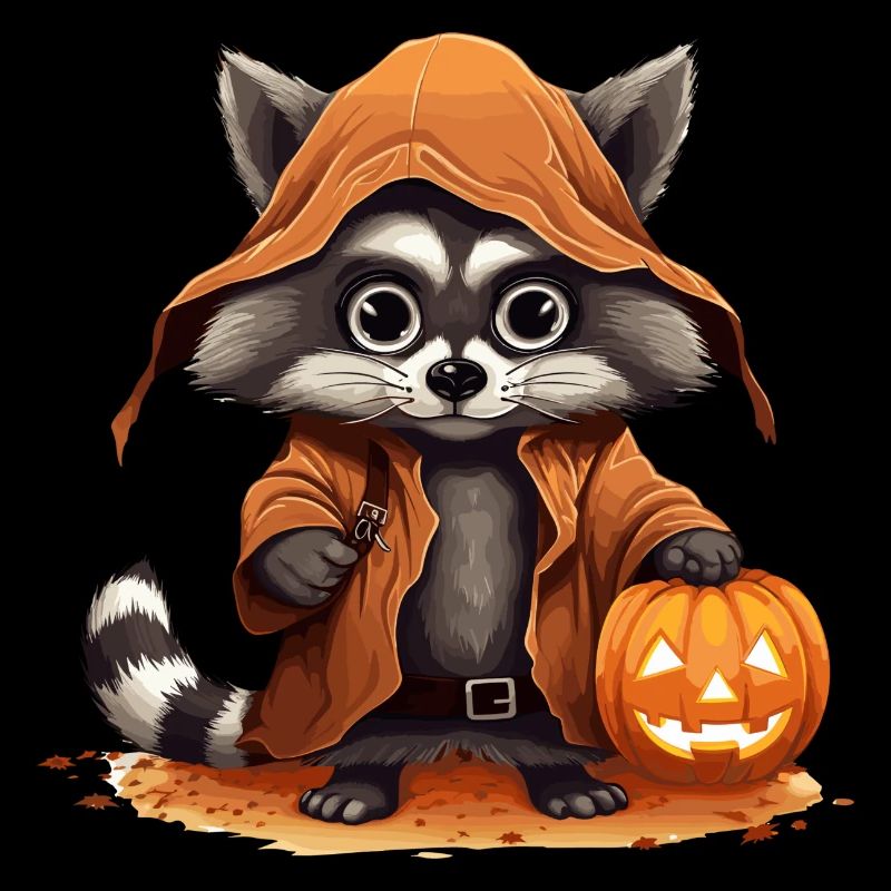Halloween wandernder Waschbär mit Kürbis