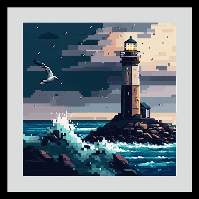 Phare avec mouette dans une mer orageuse en pixel art