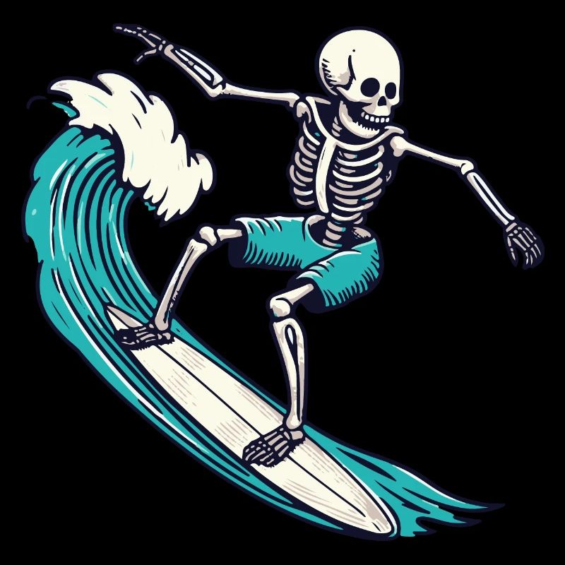 Skeleton surfing on wave in swimming trunks