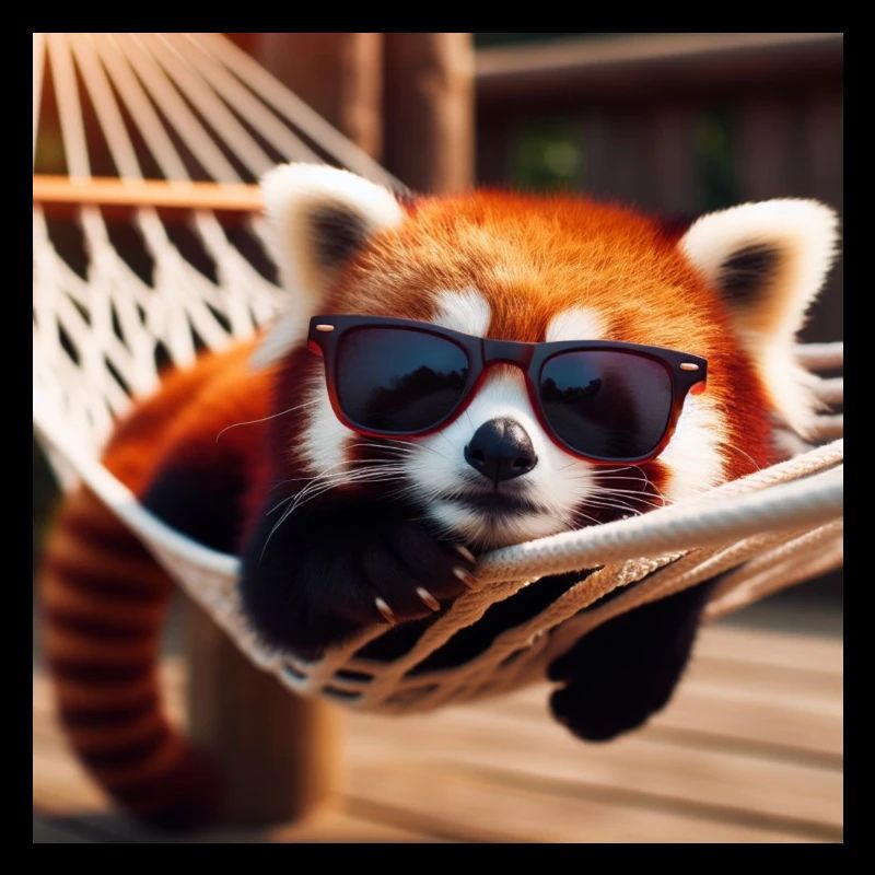 Red panda bear with sunglasses in hammock