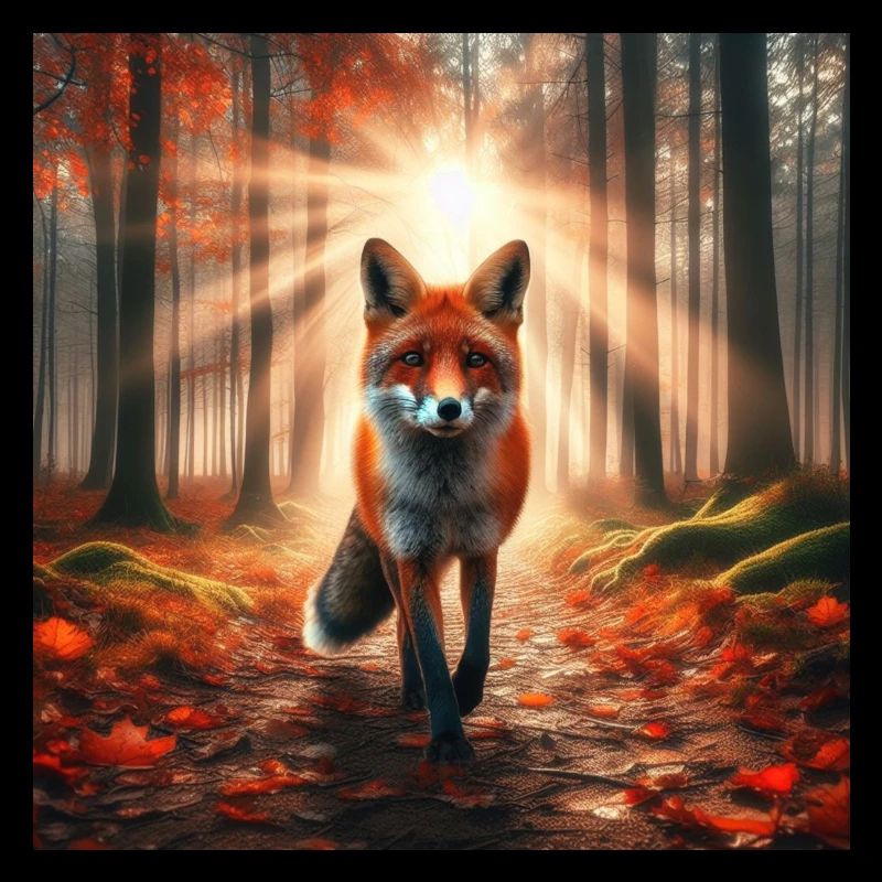 red fox with a bushy tail and black ears, walking