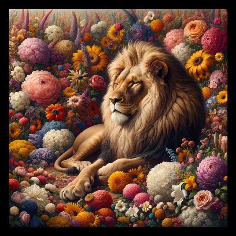 Lion dans la mer de fleurs