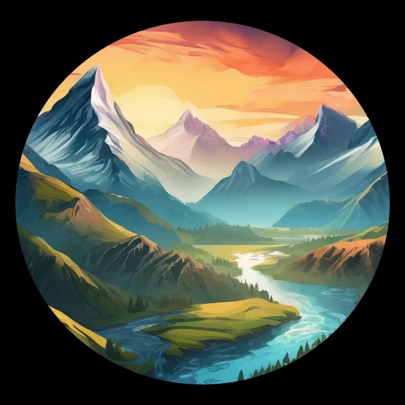 Mountain Landscape with Meadows, River, Sunset