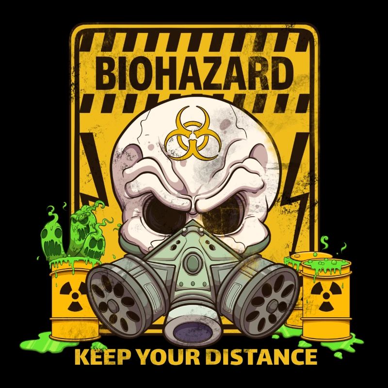 Cartoon Biohazard Skull With Caution Sign