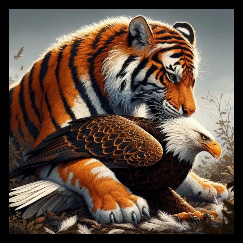Fierce tiger devouring eagle