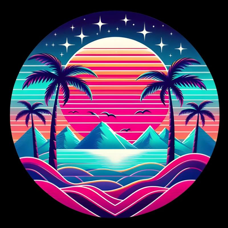 Mirrored neon palm tree 90s look with mountains/sun