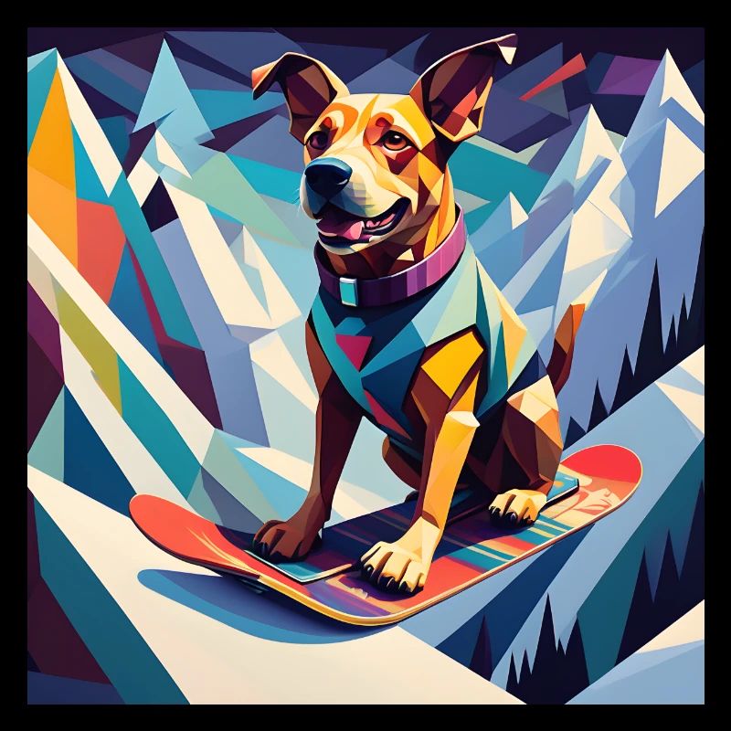Chien sur un snowboard
