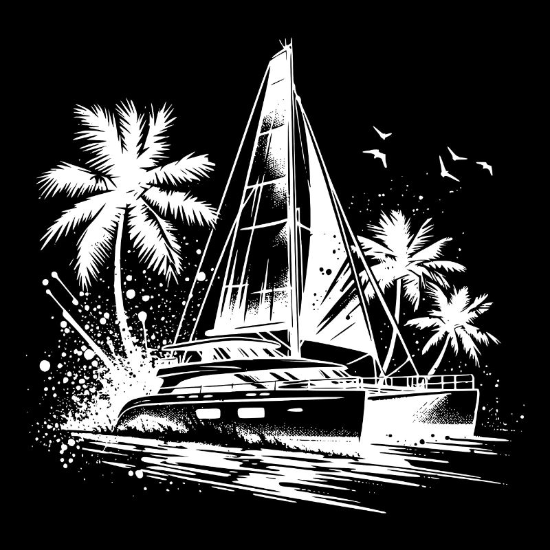 Catamaran double coque voilier avec palmiers