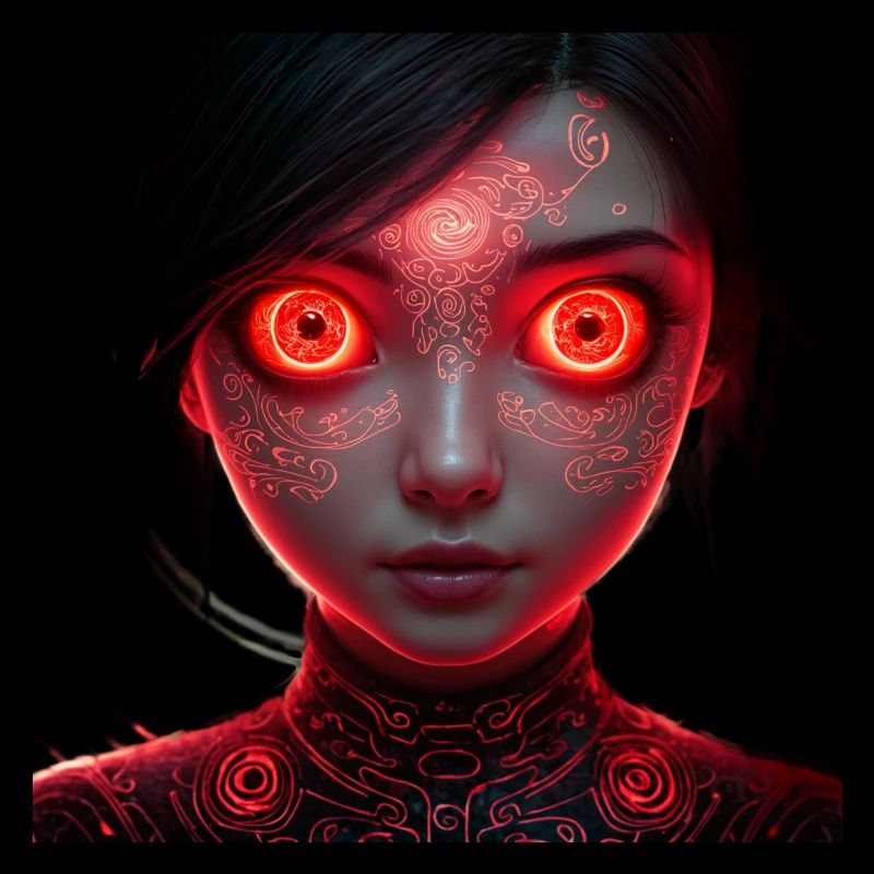 avatar with big, expressive glowing red eyes
