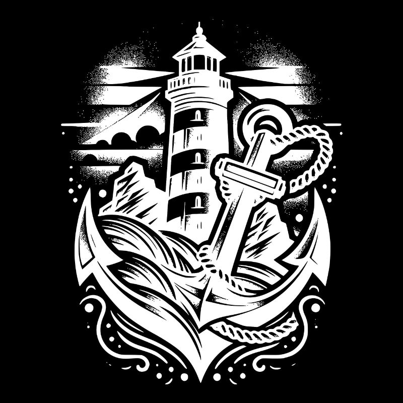 Glowing lighthouse on the coast with anchor