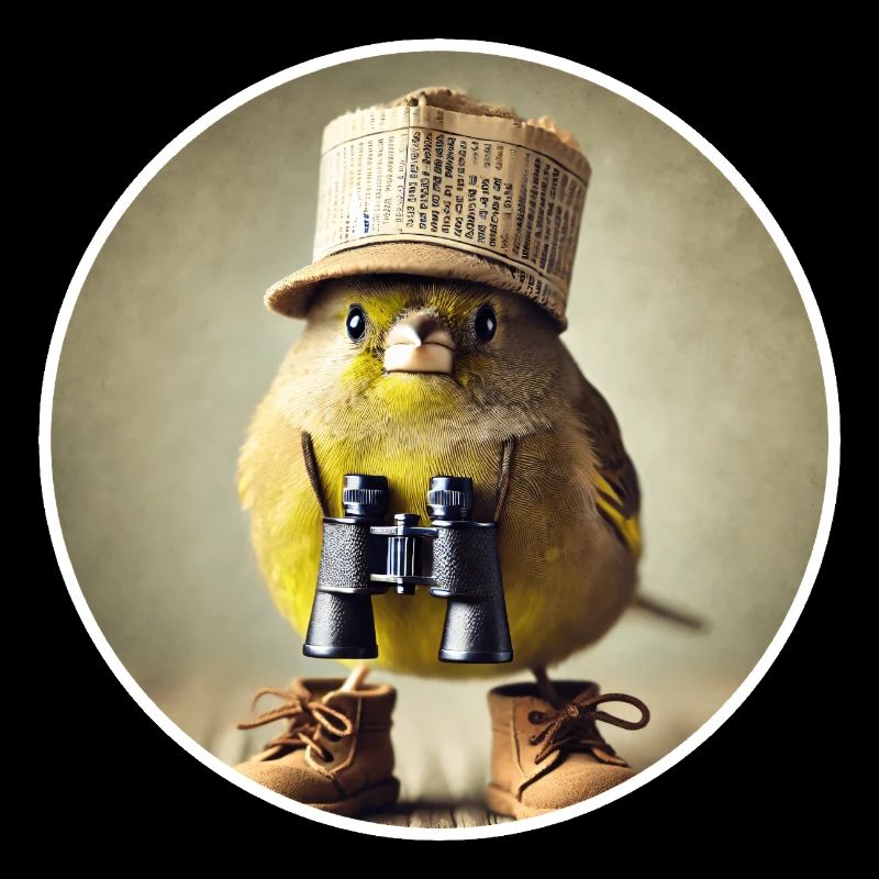 Greenfinch with hat, binoculars and boots