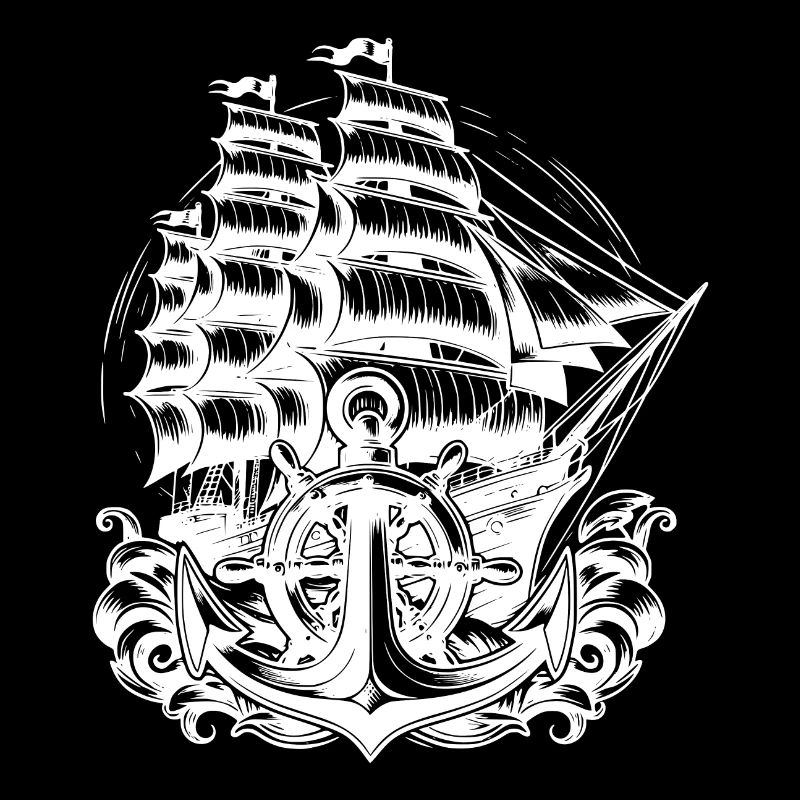 Sailing Ship with Set Sails Anchor Steering Wheel