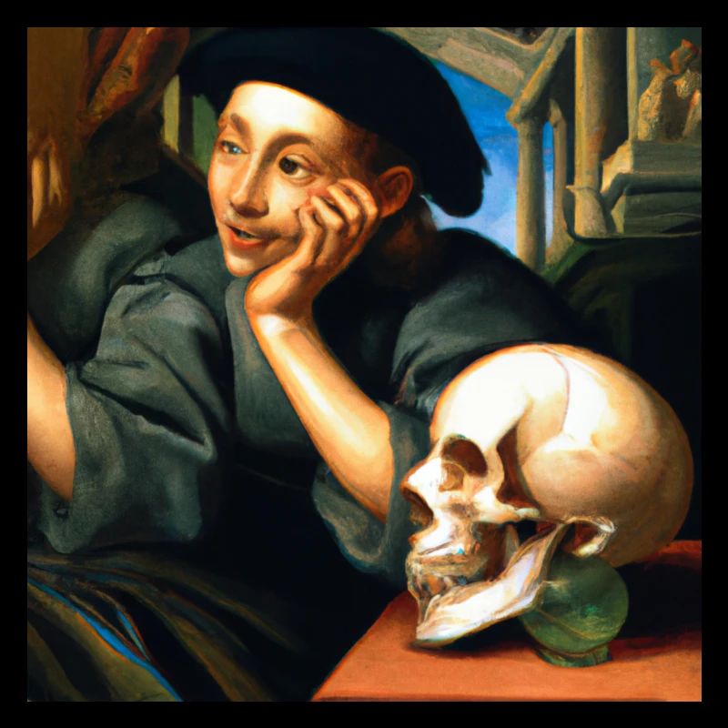 Young man with a skull on the table