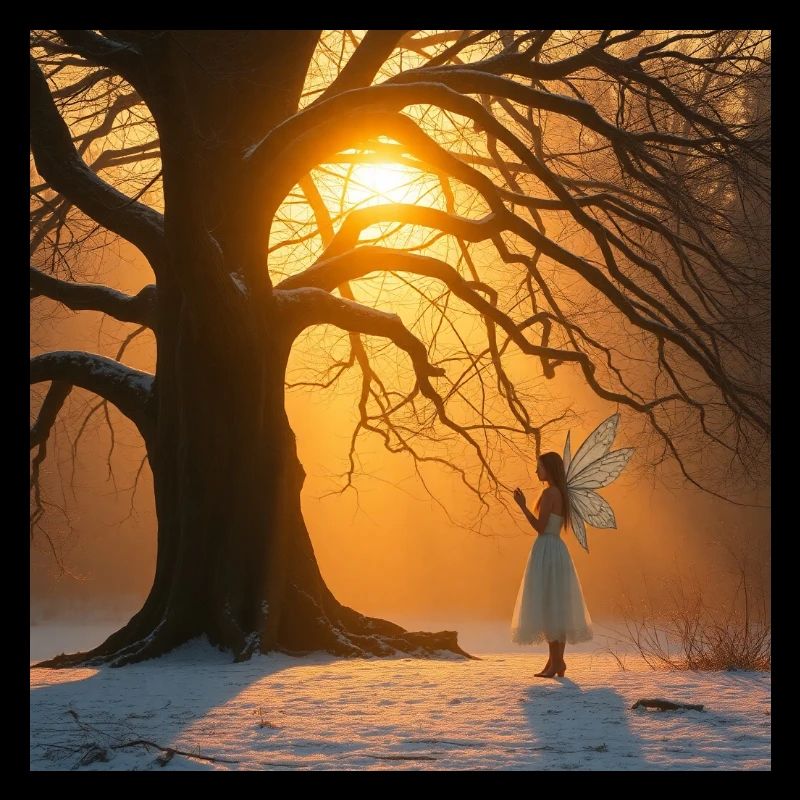 Warm golden hour light bathes an ancient tree
