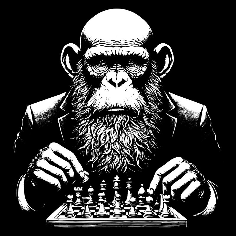 elegant monkey in suit with beard plays chess.