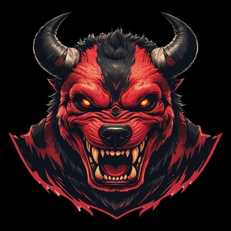 Fierce red and black demon head illustration