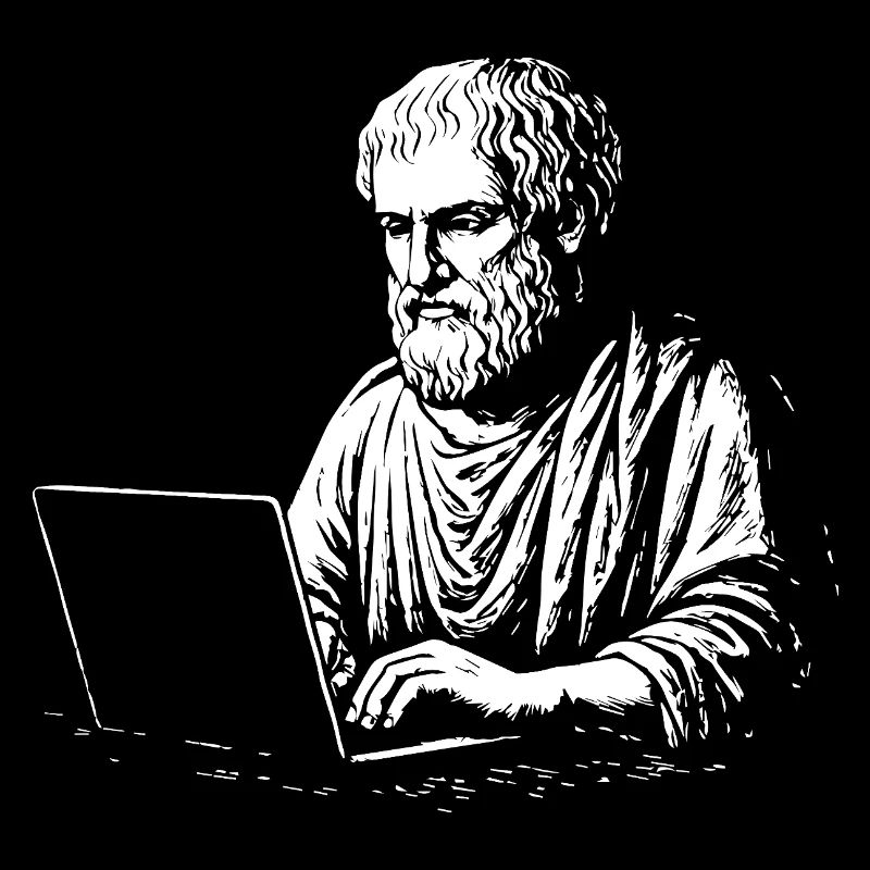 Aristoteles bei der Arbeit am Computer