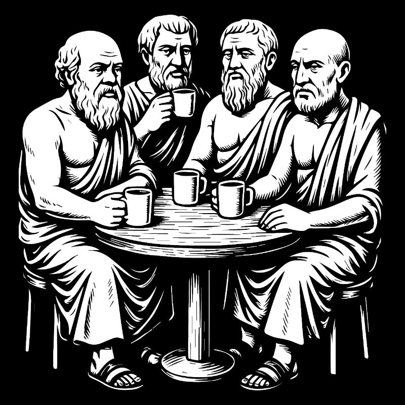 Philosophes grecs de l’Antiquité buvant du café