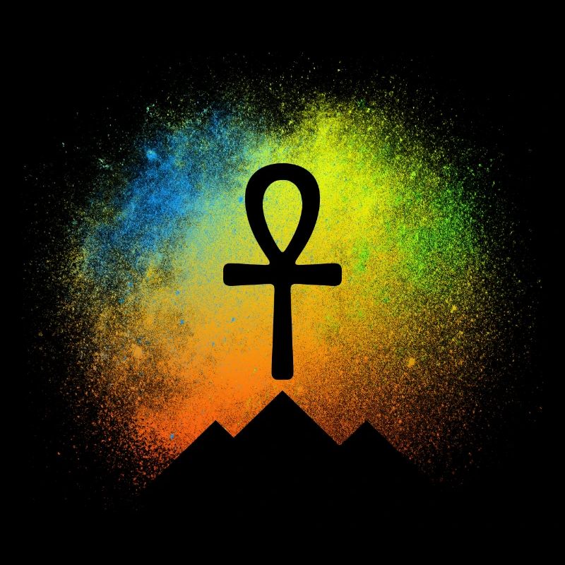 Pyramids with Ankh symbol under starry sky