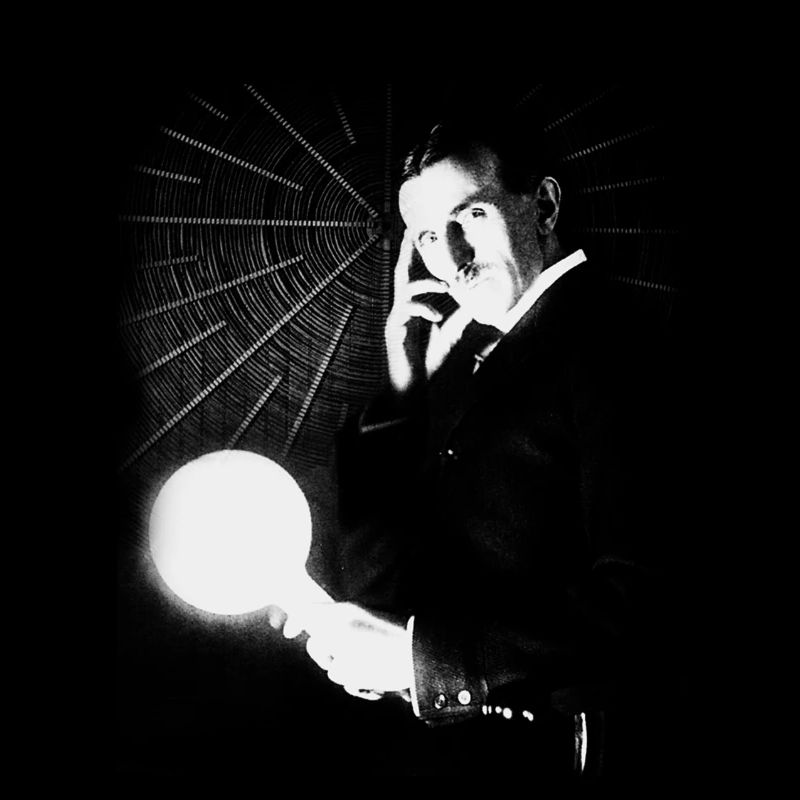 Nikola Tesla with light bulb and Tesla coil