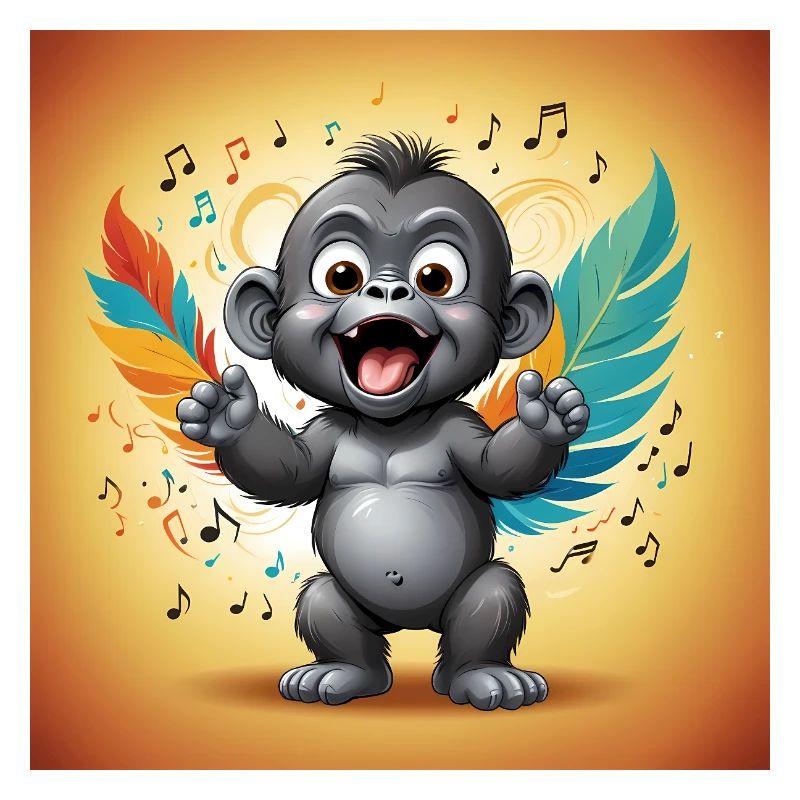 Animated Monkey with Colorful Feathers and Musical Notes
