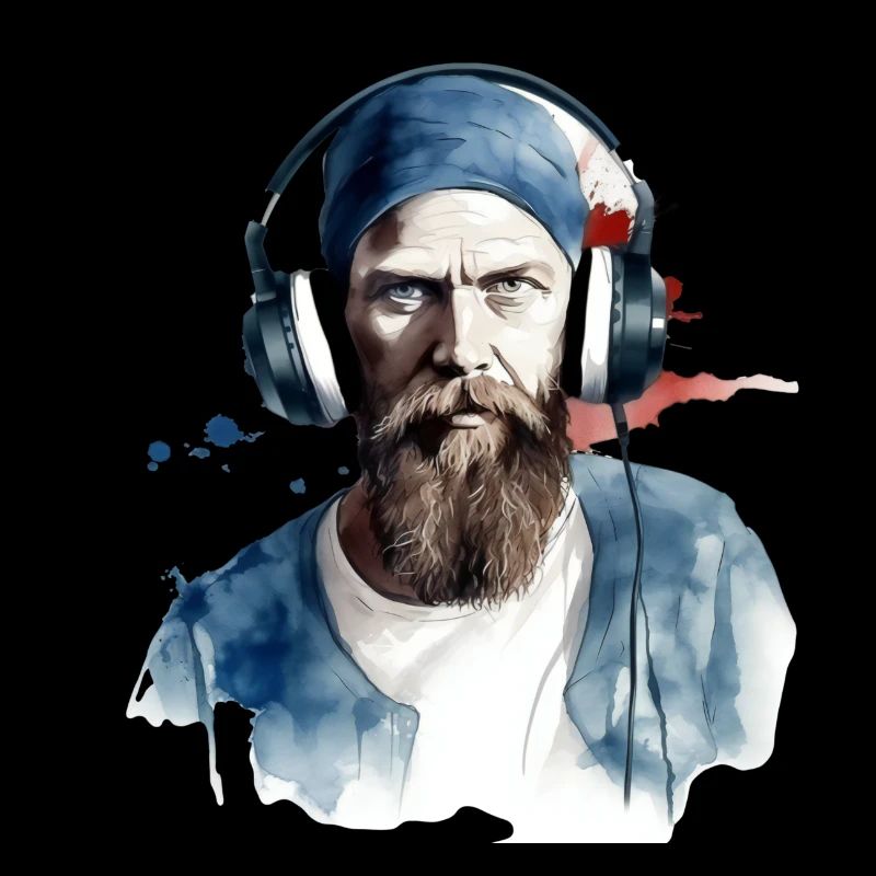 a man with a beard a cloth hat and modern headphon