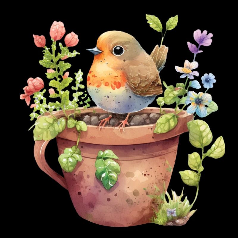 Pot de fleurs et oiseau