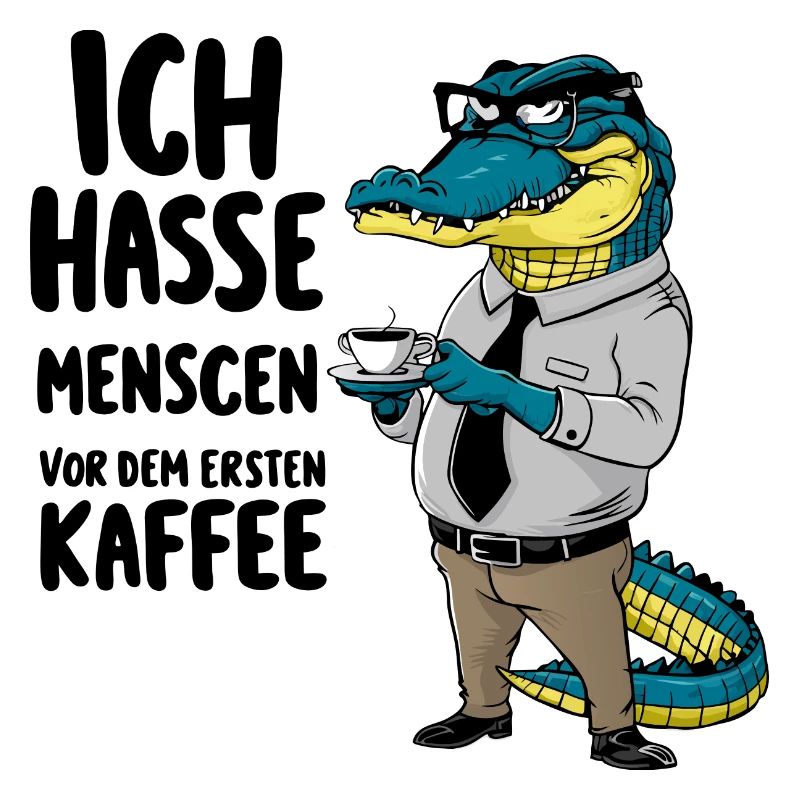 Erst Kaffee grantiges Krokodil mit Kaffeetasse
