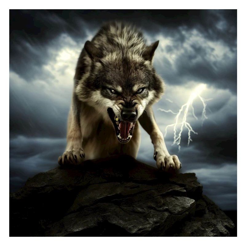 Biting wolf on a mountain