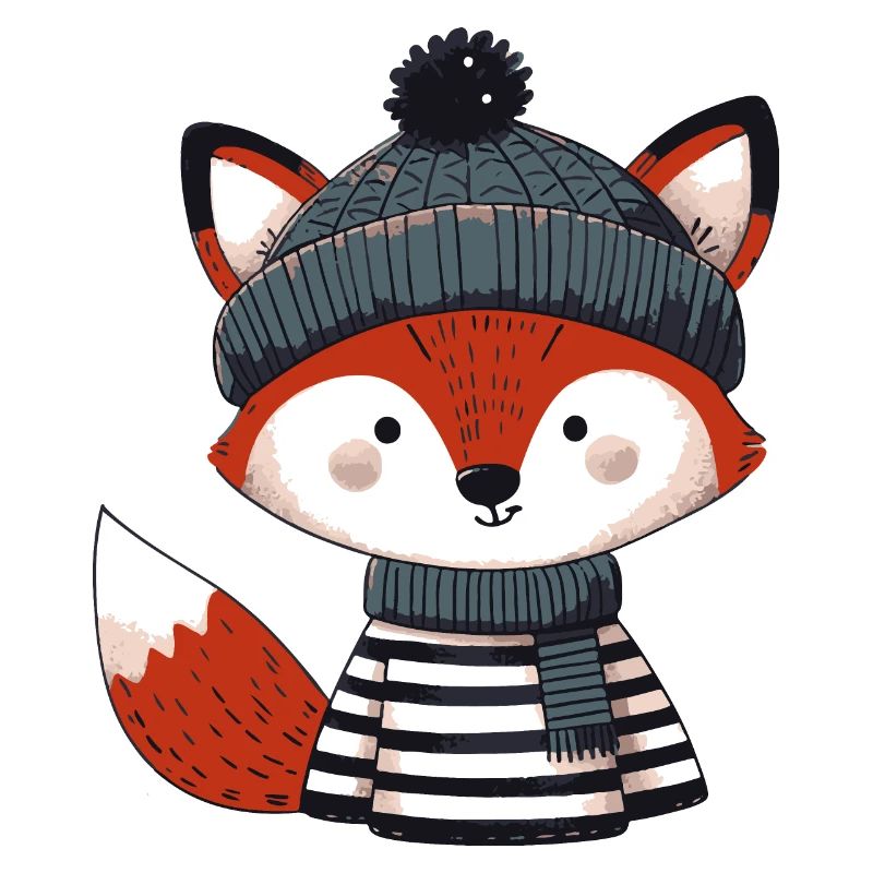 Cute fox with scarf and wool hat