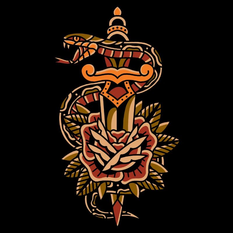 Old school tattoo design snake with dagger rose