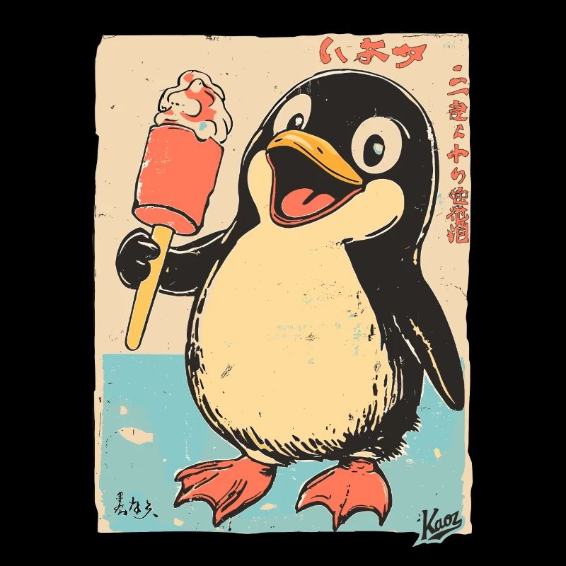 Retro Japan Edo Stil Pinguin mit Eiscreme
