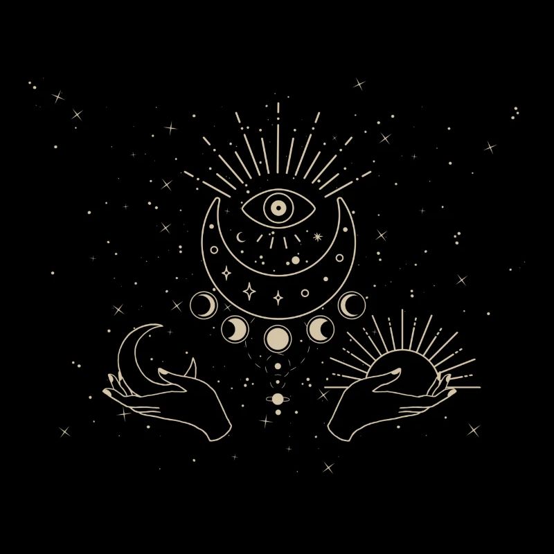 Ésotérisme, oeil, étoiles de lune soleil, main, ciel