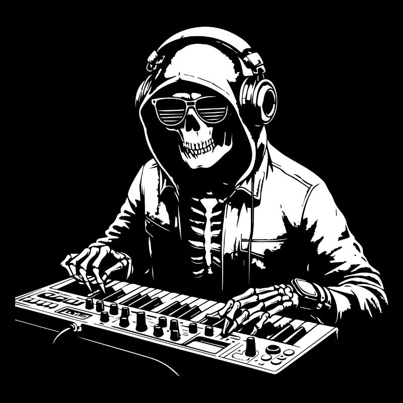 dj skeleton plays the keyboard