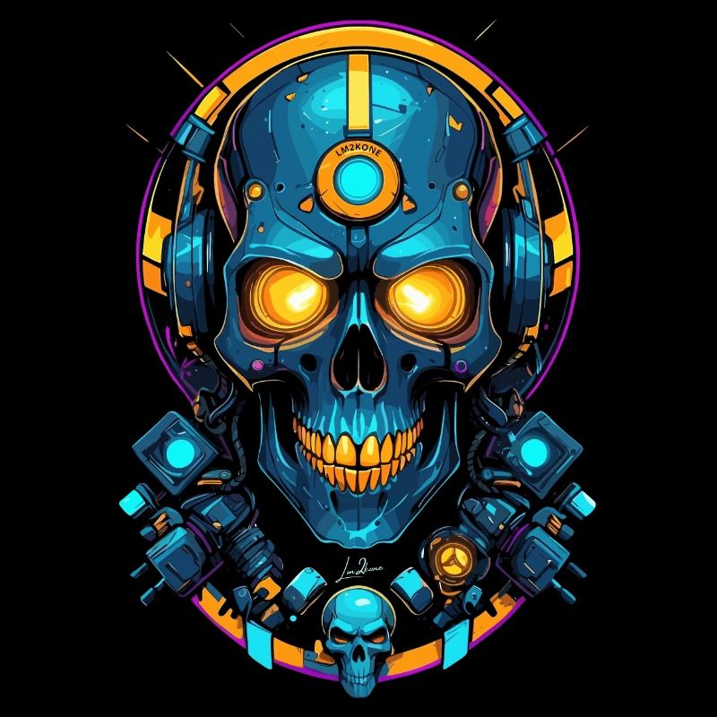 Futuristic blue gold skull