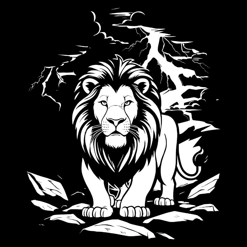 A lion during a thunderstorm