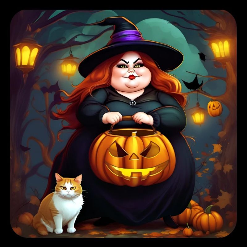 Sorcière grasse avec jack-o'-lantern et chat