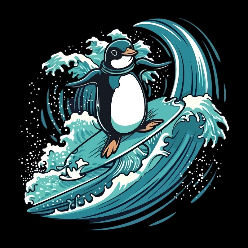 Pingouin surfant sur la vague