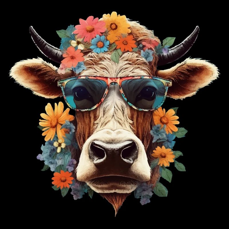 Vache cool avec lunettes de soleil et fleurs fermier fermier