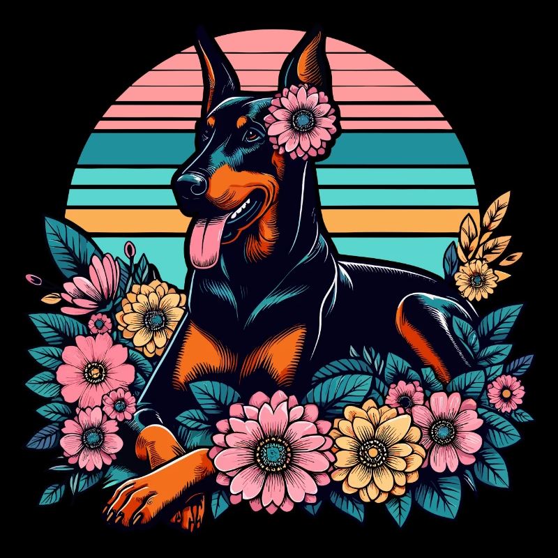 Doberman Retro Pastel Fleurs Fleurs