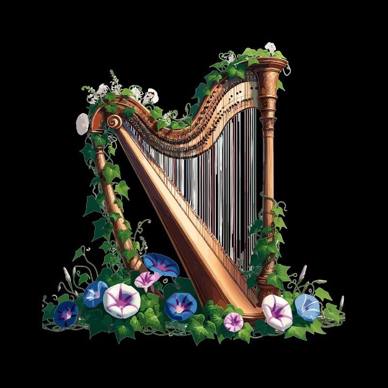 Große Harfe mit Efeu und Prunkwinden