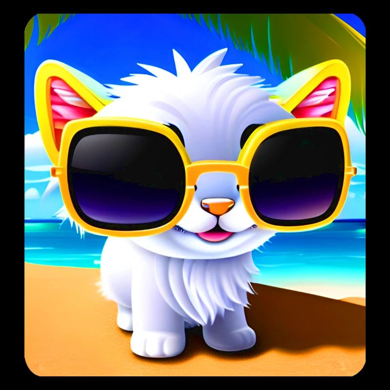 Freche Katze mit Sonnenbrille am Strand mit Meer