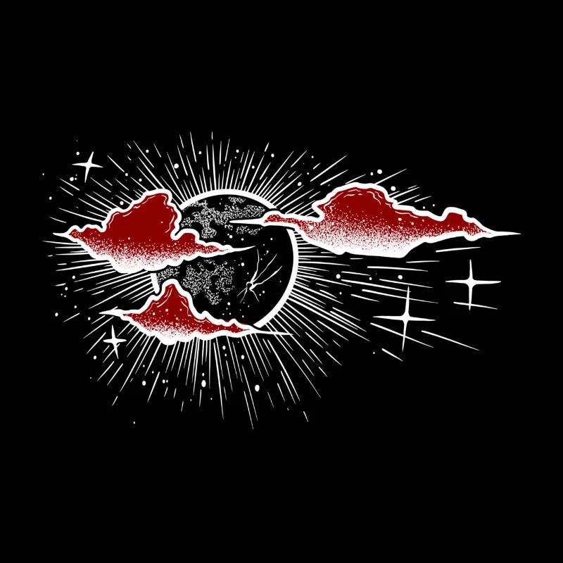 Red clouds & white line art dotwork tattoo